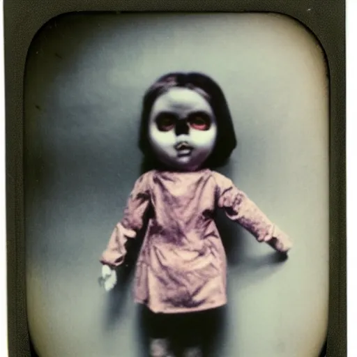Prompt: aged polaroid photo of a scary doll in empty room, gloomy, grainy