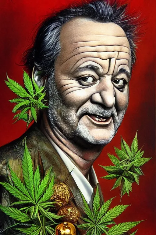 Prompt: hyper realistic portrait painting of bill murray ( intrincate detail, golden ornaments, marijuana ) wet, marijuana buds, by saturno butto, boris vallejo, austin osman spare and david kassan, by bussiere. occult art, occult diagram, red and green color scheme.