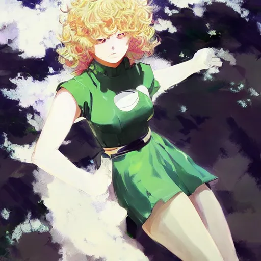 Prompt: painting of tatsumaki from one punch man, cool color palette, refreshing, soft lighting, by cushart krenz, by makoto shinkai