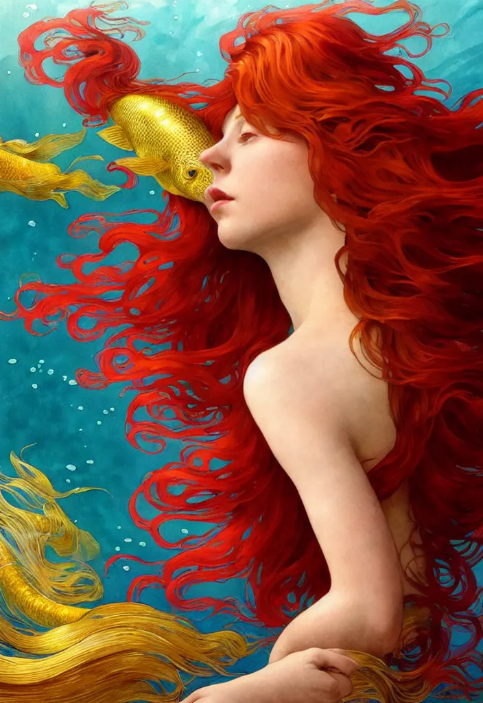 Image similar to beautiful watercolor painting of a red hair young queen under water, surrounded by long golden fish, intricate, elegant, highly detailed, digital painting, artstation, concept art, smooth, sharp focus, art by krenz cushart and artem demura and alphonse mucha, dynamic lighting, full body shot, ultrarealistic, cinematic, octane render, 8 k