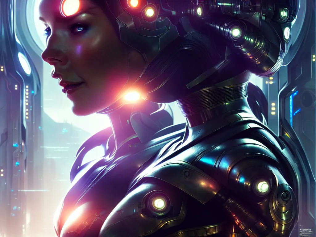 Image similar to ultra realistic, cyborg woman, metahuman, in a space metropolis, cyberpunk, sci-fi, fantasy, intricate details, elegant, highly detailed, photorealistic, octane render, 8k, unreal engine, concept art, art by artgerm and greg rutkowski and alphonse mucha