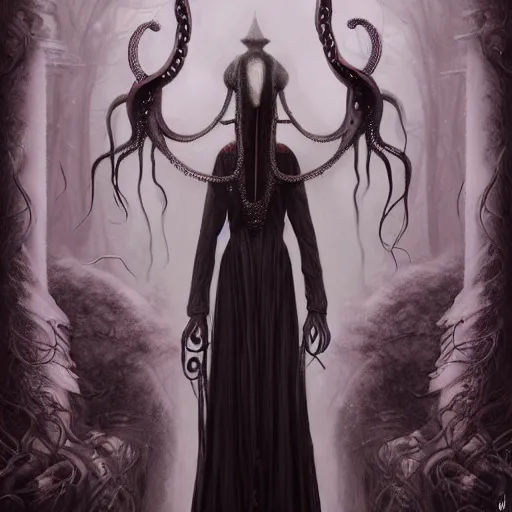 Prompt: curiosities carnival fashion show in wonderland, soft paint of a single elegant goth sorceress in a full long dress, symmetry accurate features, horror, tentacles, darkness, fog, focus, madness, insanity, very intricate ultrafine details, award winning masterpiece, tom bagshaw artstyle