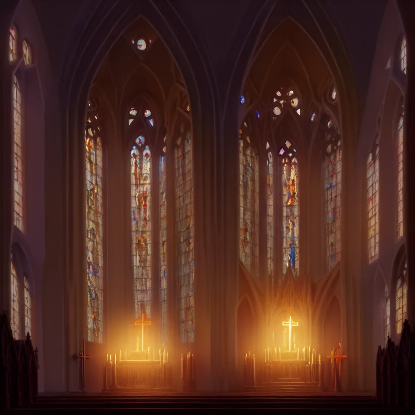 Image similar to curch with altar in glory light, digital painting, greg rutkowski, artstation, cinematic, matte painting