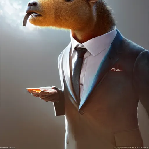 Image similar to a high quality photo of an antropomorphic capybara wearing a suit, 3d scene, render, ultra realistic, zenith view, Greg Rutkowski, artstation, cgsociety, unreal engine