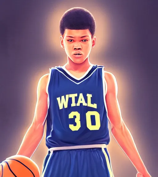 Image similar to portrait of a boy at a basketball court playing basketball wearing a basketball uniform in a basketball court standing near the basketball hoop, poised, intense emotion, detailed facial expression, detailed surroundings, intricate, elegant, highly detailed, centered, digital painting, artstation, concept art, smooth, sharp focus, illustration, WLOP