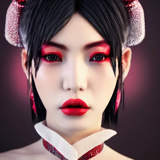 Image similar to Japanese model with maximalist hair style and makeup, fashion model, unreal engine octane, red and white, portrait, gliter, depth of field, 8k, hyper detailed, intricate, trending on artstation