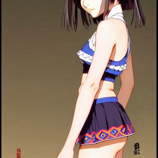 Image similar to a beautiful! boyish! natalie portman alluring gravure! model, wearing japanese school girl outfit with mayan pattern and native style, aztec street fashion, gapmoe yandere grimdark, trending on pixiv fanbox, painted by greg rutkowski makoto shinkai takashi takeuchi studio ghibli, akihiko yoshida