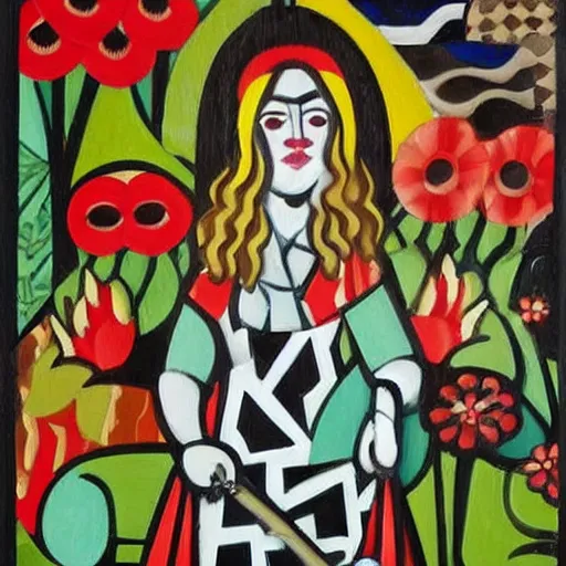 Image similar to In the painting Vasilisa can be seen standing in the forest, surrounded by animals. She is holding a basket of flowers in one hand and a spindle in the other. Her face is turned towards the viewer, with a gentle expression. In the background, the forest is depicted as a dark and mysterious place. constructivist by Romero Britto amorphous, lines