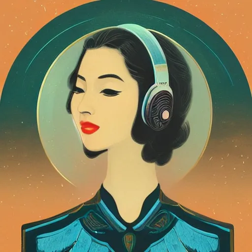 Prompt: intricate, amazing, art deco, retro vintage and romanticism, painting by natelle quek, soft color palette, highly detailed, godess with headphones from space sci - fi of ancient religion