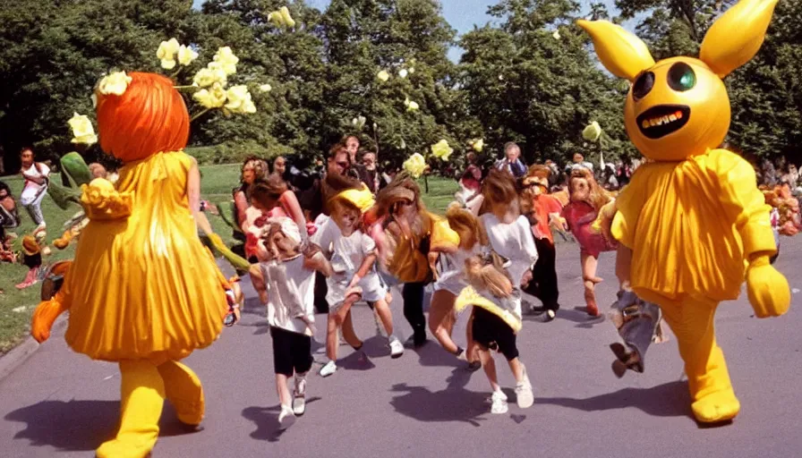 Prompt: 1990s candid photo of a beautiful day at the park, cinematic lighting, cinematic look, golden hour, large personified costumed flower people in the background, Enormous flower people mascots with friendly faces chasing kids, kids talking to flower people that are kinda scary and ruining the day, UHD