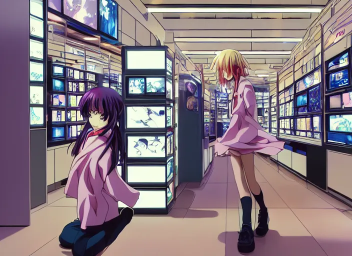 Image similar to lomography, anime, portrait of a young woman in a samsung shop interior shopping, glowing, haruhiko mikimoto, hisashi eguchi, lodoss, dynamic pose and perspective, dramatic lighting, detailed facial features, rounded eyes, sharpened image, yoshinari yoh
