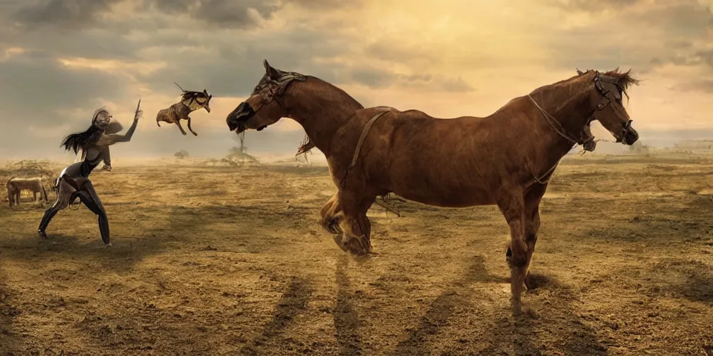 Image similar to cyborg cat rides a horse into the sunset, punished, war, hyperrealistic, sharp focus, award winning photo