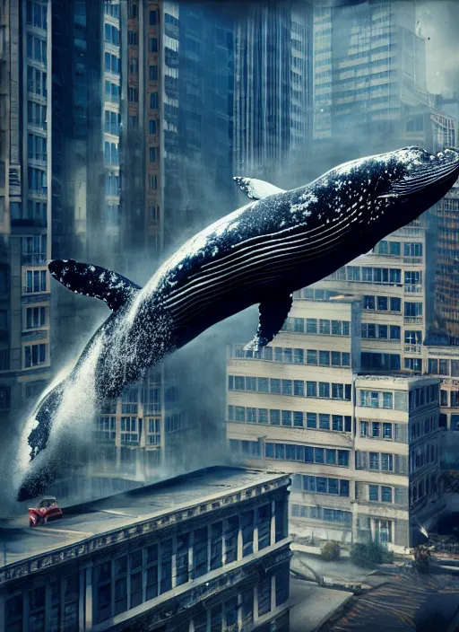 Prompt: whale flying over a building, wearing fashion clothing, id magazine, hyperrealism, detailed textures, photorealistic, 3 d city, ultra realistic, cinematic, intricate, cinematic light, unreal engine 8 k, octane render, unreal engine, david kostic, artgerm