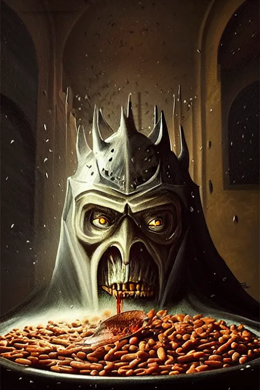 Prompt: hieronymus bosch, greg rutkowski, anna podedworna, painting of arthas menethil the lich king eating baked beans