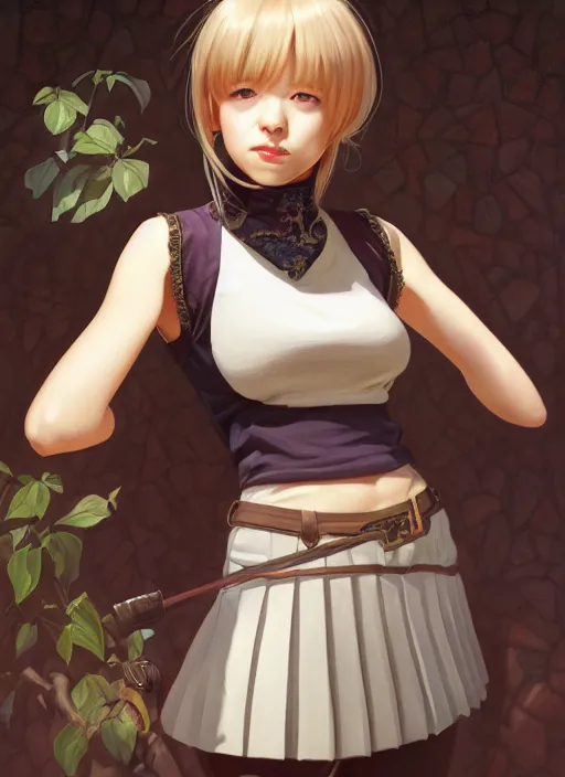 Image similar to portrait of a full body of beautiful young female detective, d & d, sleeveless turtleneck, pleated skirt, fantasy, flat lighting, intricate, highly detailed, digital painting, artstation, concept art, smooth, sharp focus, illustration, misa amane, art by simon bisley and greg rutkowski and alphonse mucha, natural tpose