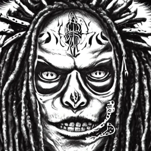 Image similar to a horror shaman with dreadlocks in sacrament of death