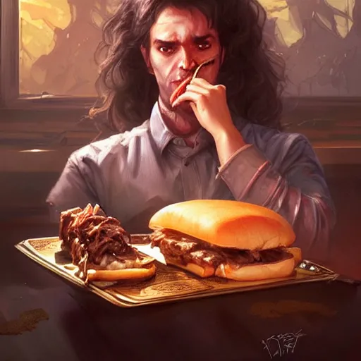 Image similar to Ted Bundy crying eating cheesesteaks, dripping BBQ Sauce, serving burgers, D&D, spilling ketchup, fantasy, intricate, elegant, highly detailed, digital painting, artstation, concept art, matte, sharp focus, illustration, hearthstone, art by Artgerm and Greg Rutkowski and Alphonse Mucha