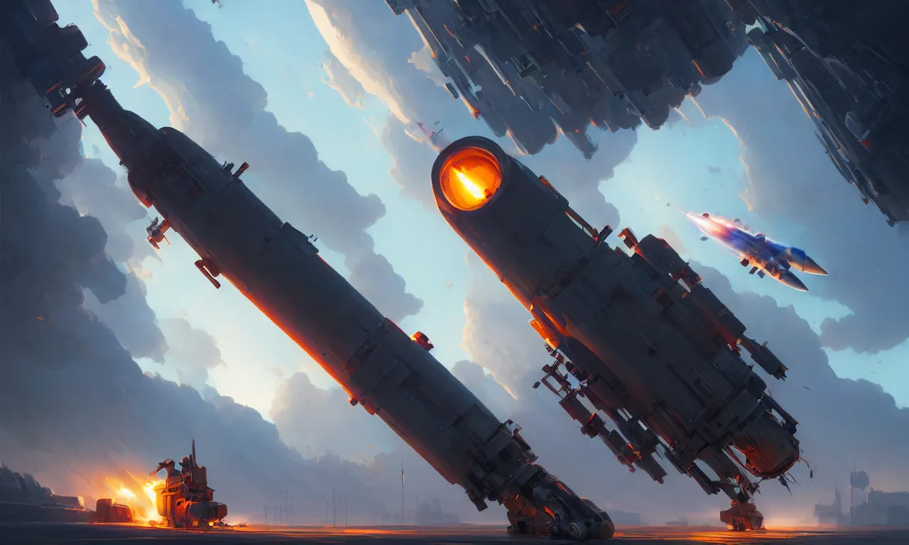 Image similar to Rocket lunch, rocket on the launch pad, concept art, low angle, high detail, warm lighting, volumetric, godrays, vivid, beautiful, trending on artstation, by Jordan grimmer, art greg rutkowski