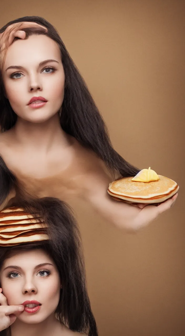 Image similar to a photo of a woman with a pancake on hear head, ultra high detail, 8 k.