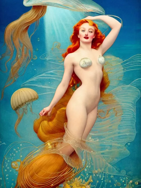 Image similar to Sophie turner as the little mermaid, a beautiful art nouveau portrait by Gil elvgren, beneath the ocean waves glowing jellyfish environment, centered composition, defined features, golden ratio, intricate seashell jewelry that glows