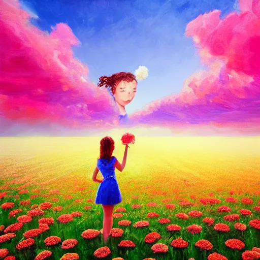 Image similar to head made of carnations flower, girl standing in a vast flower field, surreal photography, sunrise dramatic light, impressionist painting, colorful clouds, large sky, digital painting, artstation, simon stalenhag, flower face