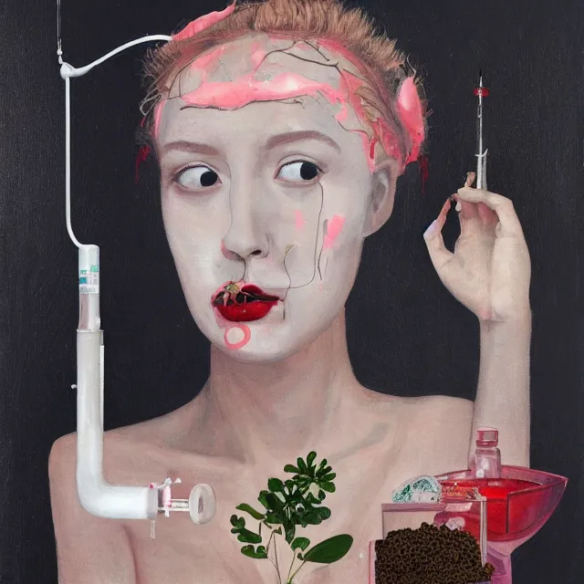 Prompt: “ a portrait in a female art student ’ s apartment, sensual, a pig theme, syringe, coral, anaesthetic, surgical supplies, surgical iv drip, octopus, ikebana, herbs, a candle dripping white wax, squashed berries, berry juice drips, acrylic and spray paint and oilstick on canvas, surrealism, neoexpressionism ”