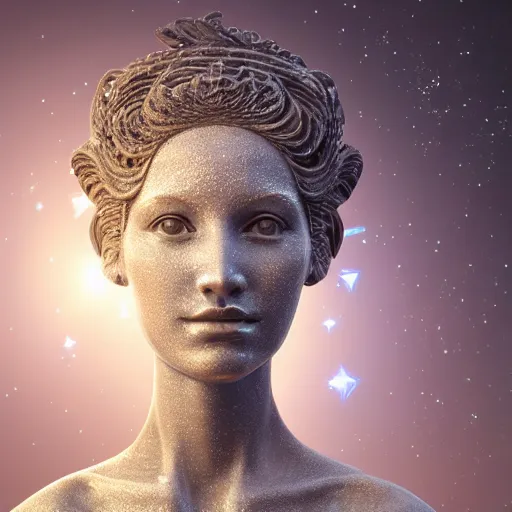 Image similar to sculpture goddess of space, beauty, pretty face, glossy skin, stars, soft light, hdri, smooth, sharp focus, fantasy, intricate, elegant, highly detailed, 8 k