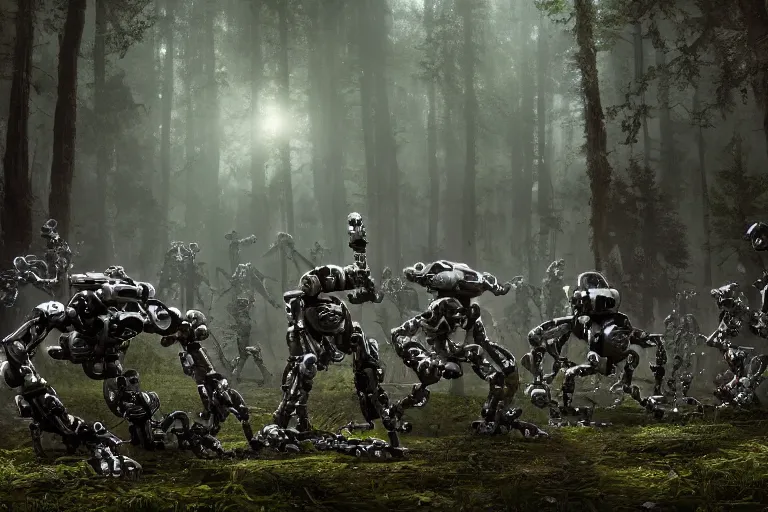 Prompt: 1 0 0 0 0 robots fighting in the forest, hyper realistic, ambient lighting, concept art, intricate, hyper detailed, smooth, dynamic volumetric lighting, octane, raytrace, cinematic, high quality, high resolution, 4 k, h. r. giger
