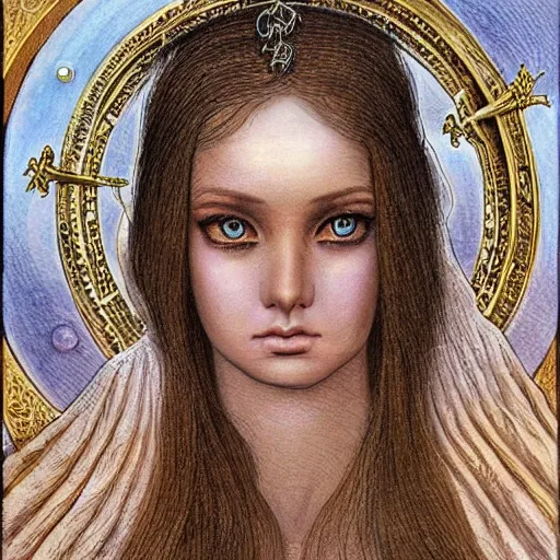 Image similar to most beautiful silk steel maiden, cygnus milieu of desert of purgatory, in the style of william blake, terese nielsen, detailed, intricate, beautiful faces, steve argyle, pastoral fantastic reality