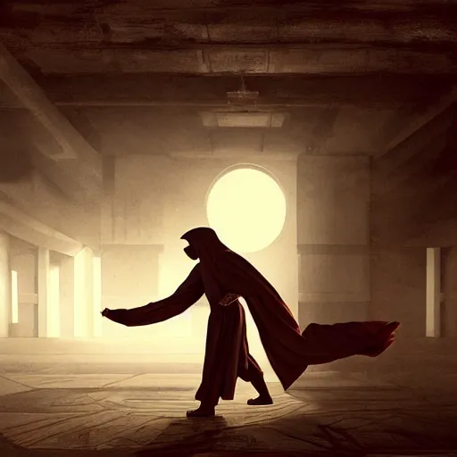 Image similar to robed man levitating in a sith temple, atmospheric, cinematic, concept art painting