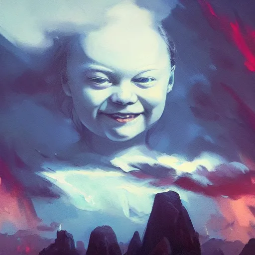 Image similar to abstract painting of giant Greta Thunberg smiling evil emperor of the world emerging in dark clouds, noxious, cosmic horror, evil, dangerous, trending on ArtStation, masterpiece, by Greg Rutkowski, by Ross Tran, by Fenghua Zhong, octane, lightbeam eyes, soft render, clear facial features, oil on canvas, moody lighting, cinematic, professional environment concept art