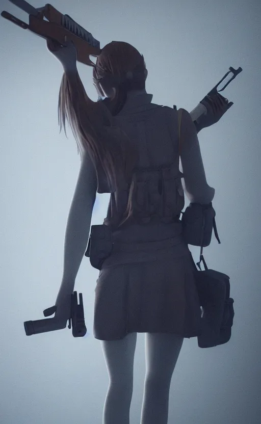 Image similar to school girl holding a gun, gloomy and foggy atmosphere, octane render, cgsociety, artstation trending, horror scene, highly detailded