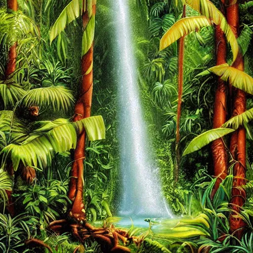 Prompt: beautiful lush jungle waterfall cascade by les edwards