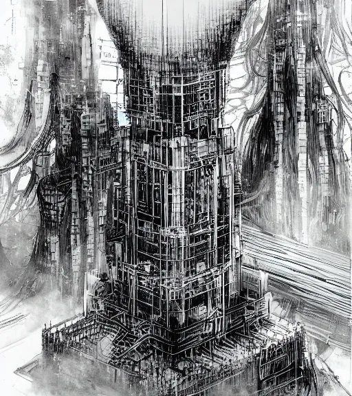 Prompt: tarkovsky scene, epic ancient tower of babylon below a woman in transparent cyber clothing, hyperrealistic, blame, manga style, by tsutomu nihei, cyber architecture, concept art, hyper - detailed, smooth, masterpiece, epic, cinematic, high quality