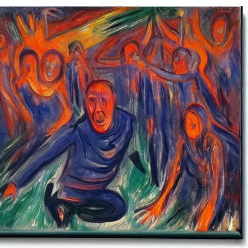 Image similar to insane dances around the campfire, oil painting expressionism edvard munch