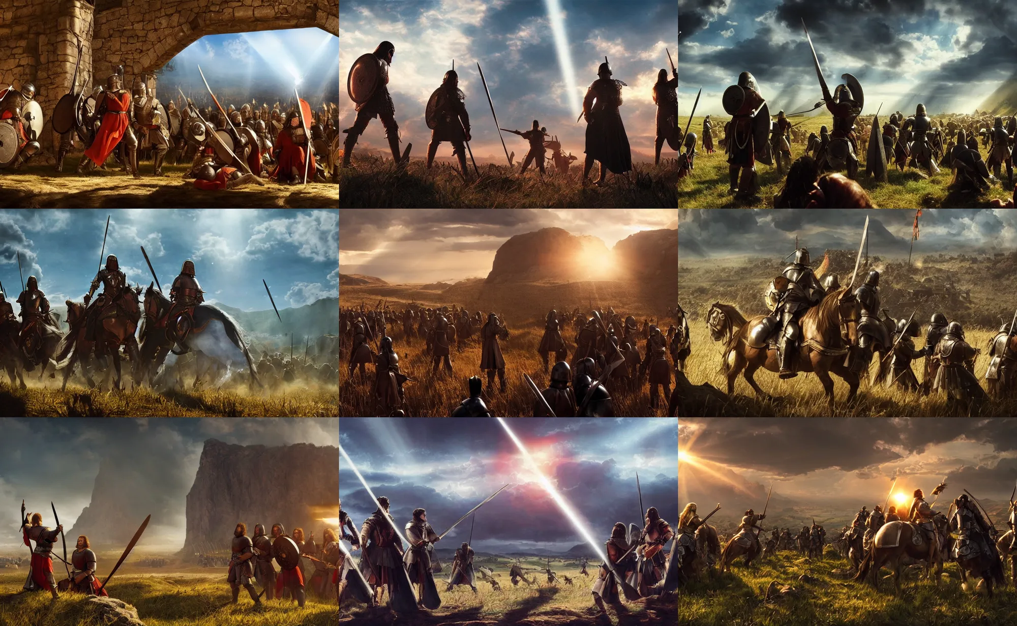 Prompt: epic cinematic artwork of medieval warriors watching depeche mode sing on the battlefield, 4 k, sun rays, masterpiece