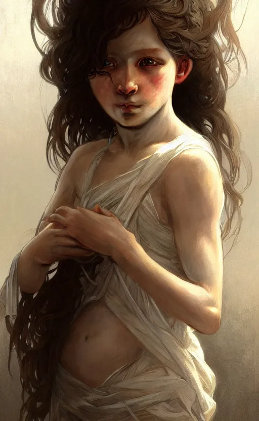 Prompt: a portrait of a blind child, sick white skin, concept art, deep focus, intricate, highly detailed, digital painting, artstation, matte, sharp focus, illustration, art by greg rutkowski and alphonse mucha