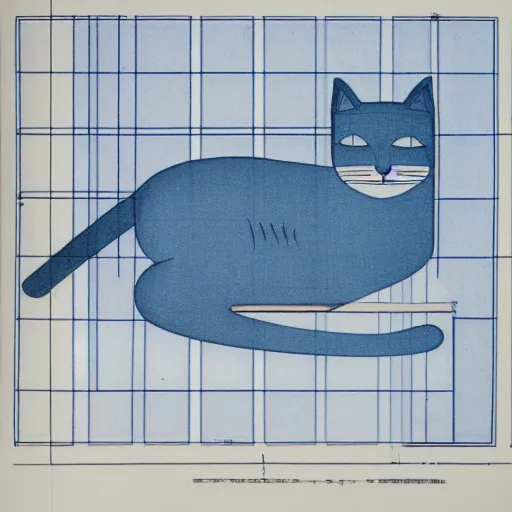 Image similar to the cat's lethargy belied an element of grace, architectural blueprint, drafting design, white lines on blue, sketch