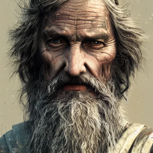 Image similar to realistic portrait of a human hobo druid, fantasy book, high detail, 8 k, octane render painting, dark fantasy