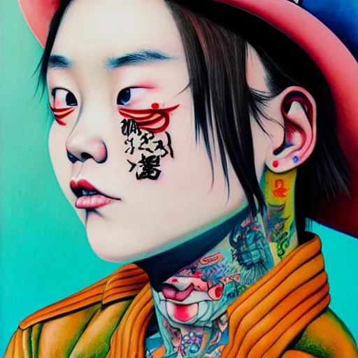 Prompt: full view, from a distance, of taiwanese girl with tattoos, wearing a cowboy hat, style of yoshii chie and hikari shimoda and martine johanna and edward hopper and james gilleard and zdzislaw beksisnski, highly detailed