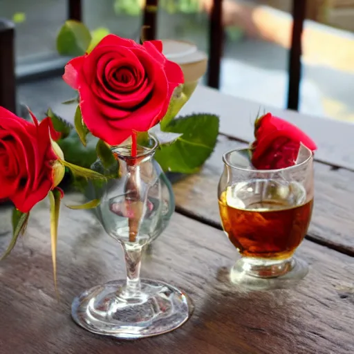 Prompt: Glass of Roses on a table, artisan, centre, sunny day