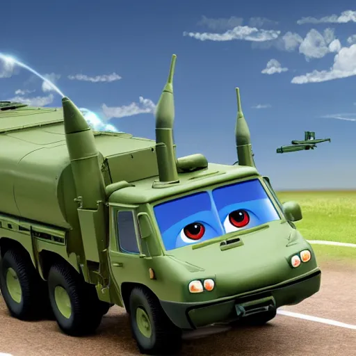 Image similar to HIMARS with rockets, Cars Pixar movie style, detailed, green