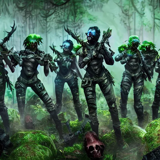 Prompt: squad of beautiful armed zombie girls in army of nurgl warhammer in fantasy forest between a trees, dark fantasy, highly detailed, trending on artstation, Unreal Engine 4k, cinematic wallpaper