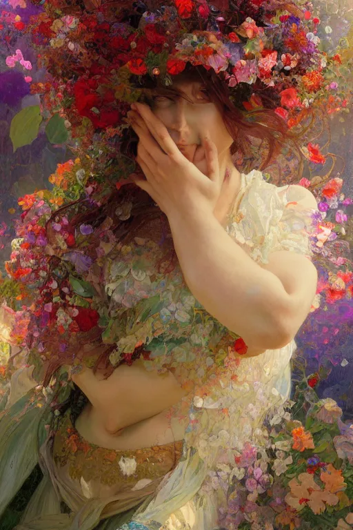 Image similar to a beautifull intricate painting of a disembodied soul surrounded by flowing flower petals, vivid colors, artstation, by jeremy mann, by alphonse mucha,