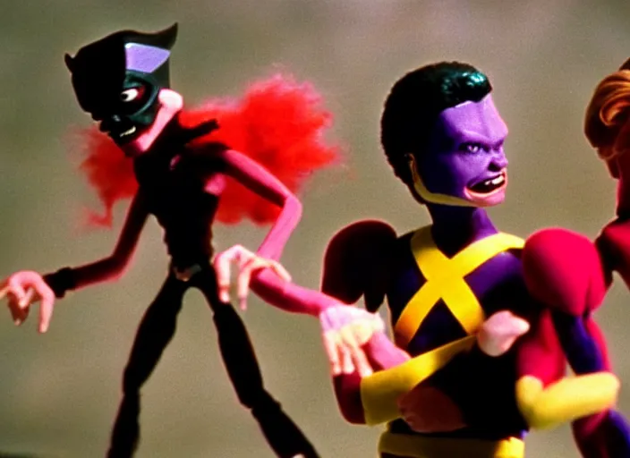 Image similar to 1 9 8 0 s cinematic screenshot cinestill portrait of a stop motion claymation film starring the xmen, shallow depth of field, 1 8 mm, f 1. 8