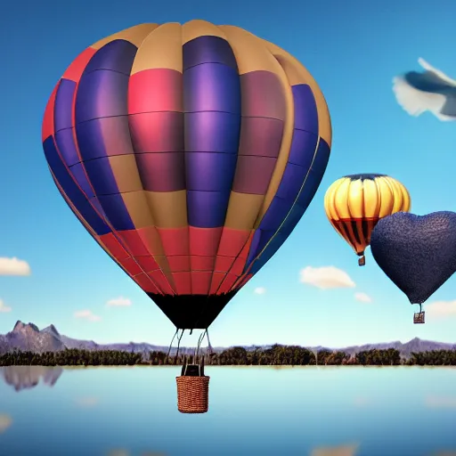 Image similar to realistic extremely detailed photo of a hot air balloon with a picture of two black swans swimming, touching heads, forming a heart with their necks flying above a reflective mountain lake, granular detail, holographic krypton ion, octane render, 4k, f32,55mm photography, wide angle