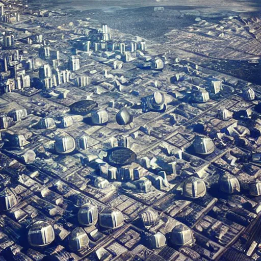 Prompt: “an aerial photo of a futuristic city, covered by six glass geodesic domes, on the moon”