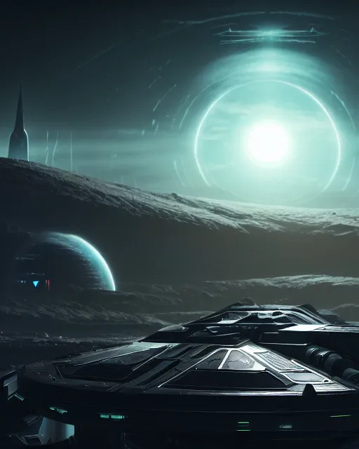 Prompt: alien base, strange planet, visible from afar!!, star citizen, storm in the evening, mystery, futuristic, artstation, concept art, space ship nearby, highly detailed by florian dreyer, jonathan dufresne, encho enchev