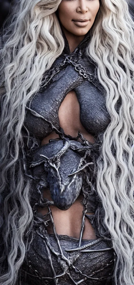 Image similar to Kim Kardashian as Daenerys Targaryen mother of dragons, drogon, XF IQ4, 150MP, 50mm, F1.4, ISO 200, 1/160s, natural light