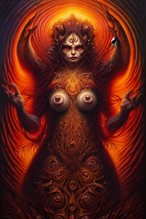 Prompt: A beautiful detailed godness woman super dark tarot card, by tomasz alen kopera and Justin Gerard, symmetrical features, ominous, magical realism, texture, intricate, ornate, royally decorated, melting, whirling smoke, embers, red adornements, red torn fabric, radiant colors, fantasy, trending on artstation, volumetric lighting, micro details, 3d sculpture, ray tracing, 8k, anaglyph effect